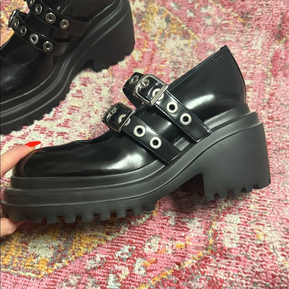 Black Patent Double-Strap Mary Jane Platform Loafers Goth Alt y2k - Picture 3 of 5